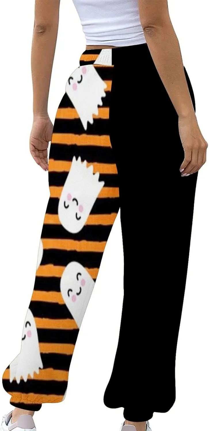 Womens Halloween Sweatpants Trendy Funny Print Drawstring Waist Wide Leg Pants Work Loose Pocket Lounge Joggers