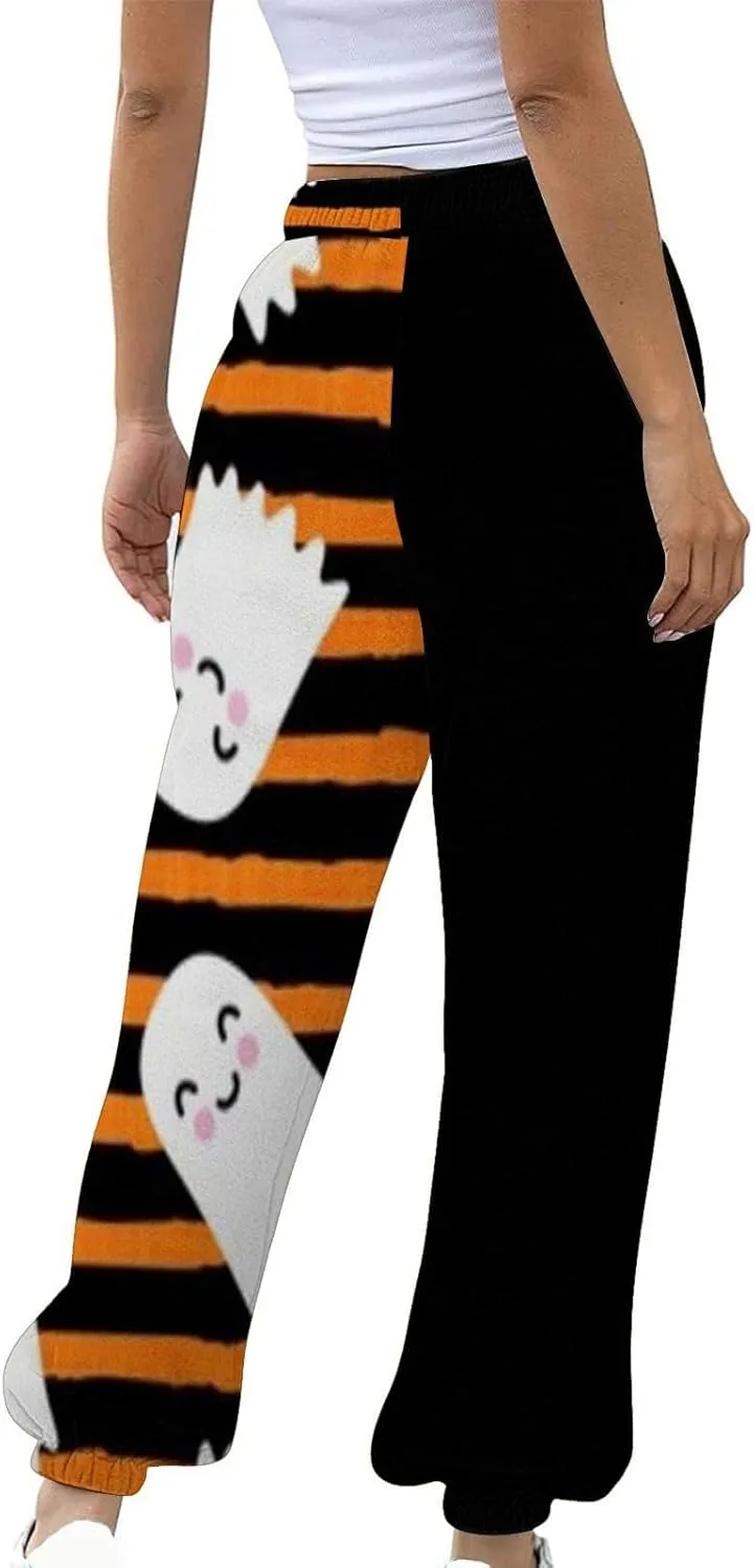 Womens Halloween Sweatpants Trendy Funny Print Drawstring Waist Wide Leg Pants Work Loose Pocket Lounge Joggers
