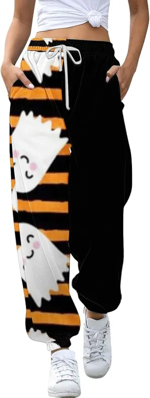 Womens Halloween Sweatpants Trendy Funny Print Drawstring Waist Wide Leg Pants Work Loose Pocket Lounge Joggers