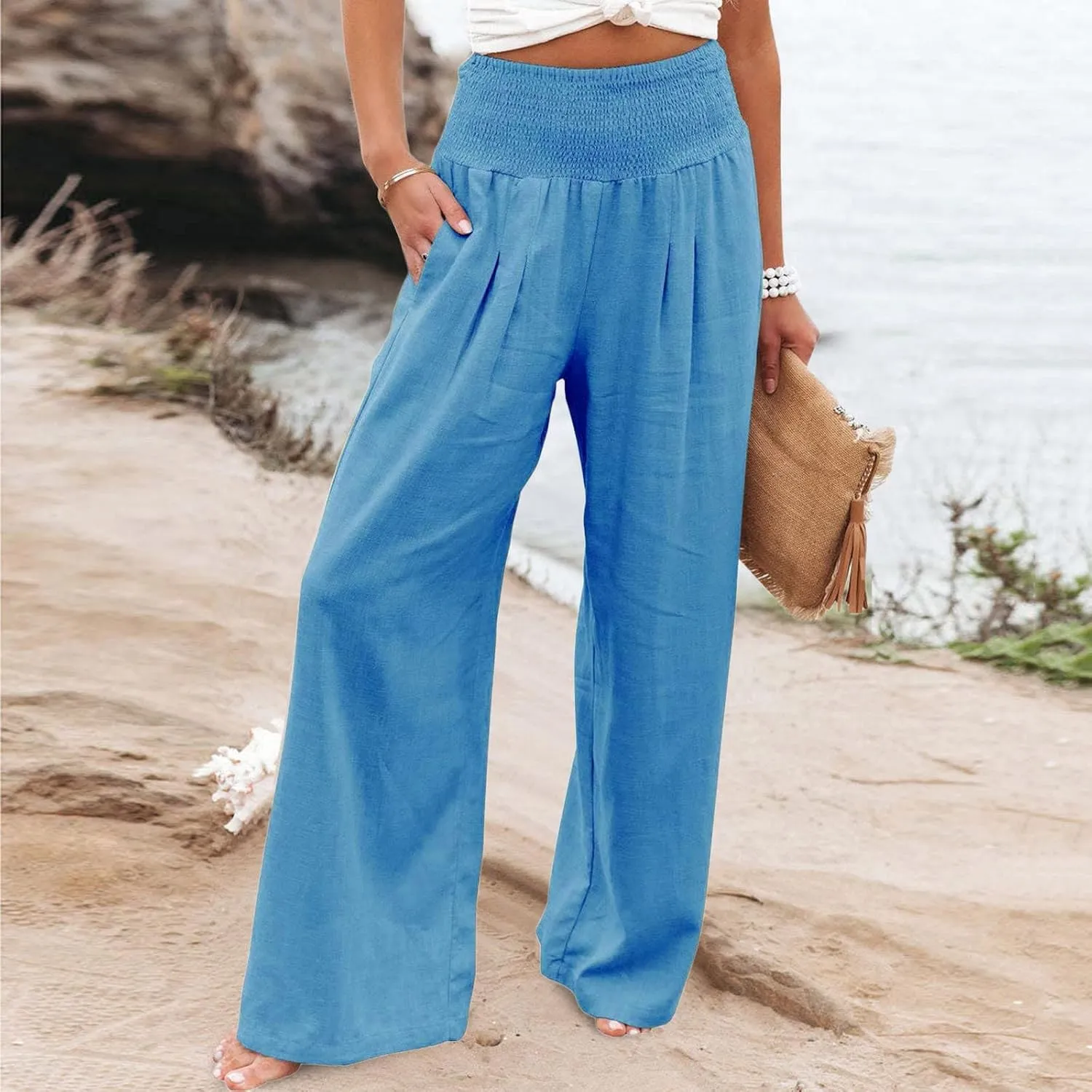 Womens High Rise Trousers Summer Solid Color Wide Leg Causal Drawstring Long Pants Classic Basic Lounge Pants with Pockets