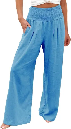Womens High Rise Trousers Summer Solid Color Wide Leg Causal Drawstring Long Pants Classic Basic Lounge Pants with Pockets
