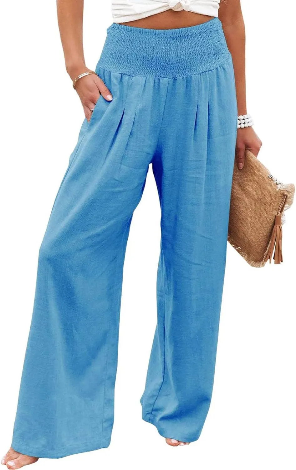 Womens High Rise Trousers Summer Solid Color Wide Leg Causal Drawstring Long Pants Classic Basic Lounge Pants with Pockets