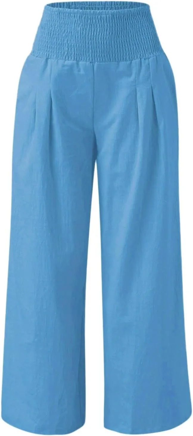 Womens High Rise Trousers Summer Solid Color Wide Leg Causal Drawstring Long Pants Classic Basic Lounge Pants with Pockets