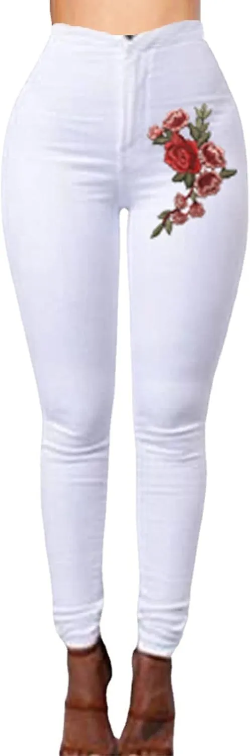 Women's High Waist Stretch Skinny Embroidered Flower Print Leggings Classic Jean Trousers Slimming Jean Jogger
