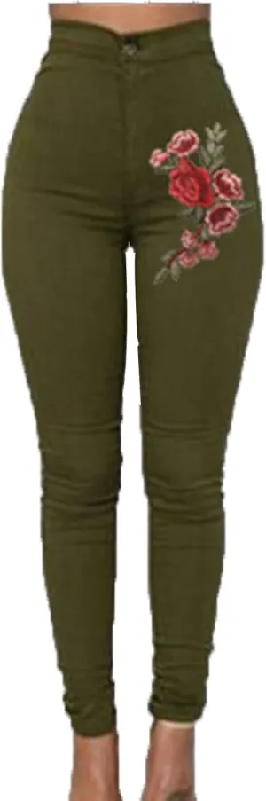 Women's High Waist Stretch Skinny Embroidered Flower Print Leggings Classic Jean Trousers Slimming Jean Jogger