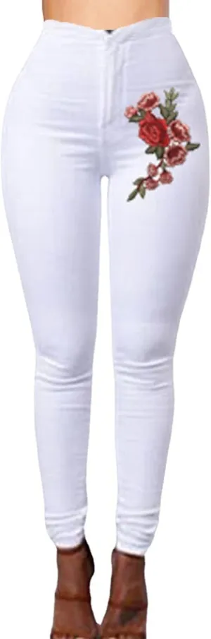 Women's High Waist Stretch Skinny Embroidered Flower Print Leggings Classic Jean Trousers Slimming Jean Jogger