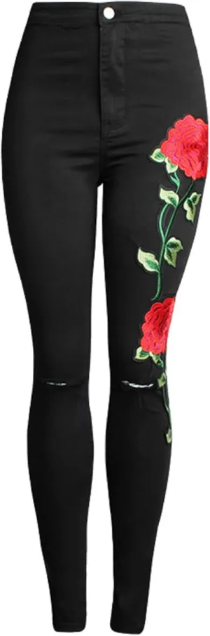 Women's High Waist Stretch Skinny Embroidered Flower Print Leggings Classic Jean Trousers Slimming Jean Jogger