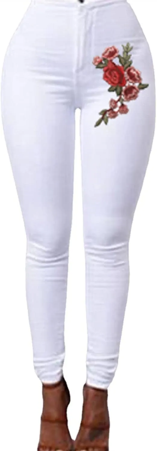 Women's High Waist Stretch Skinny Embroidered Flower Print Leggings Classic Jean Trousers Slimming Jean Jogger