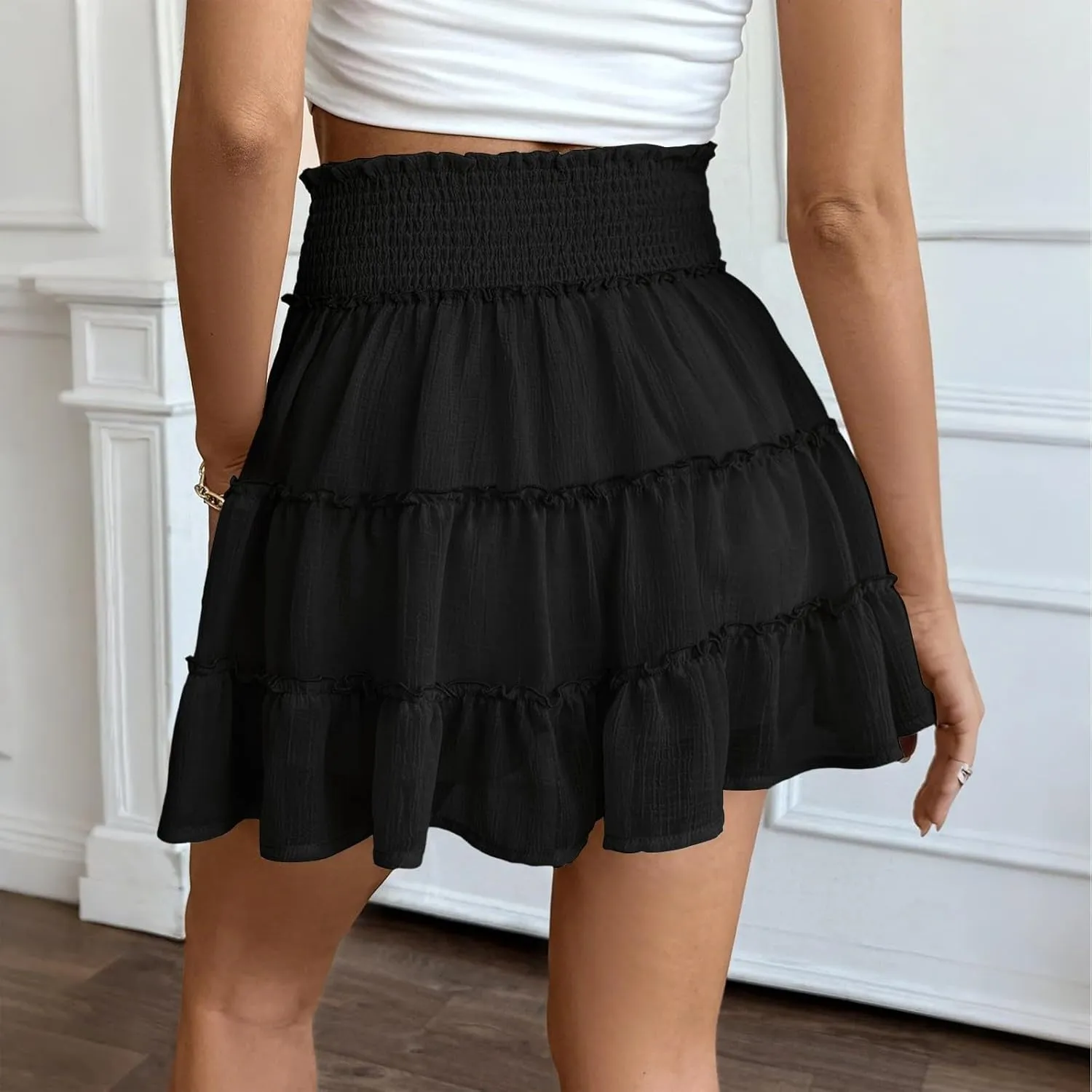 Women's High Waisted Flowy Skorts Boho Ruffle Skirts Pleated Tennis Beach Vacation Short Casual A Line Summer Tiered Skirt