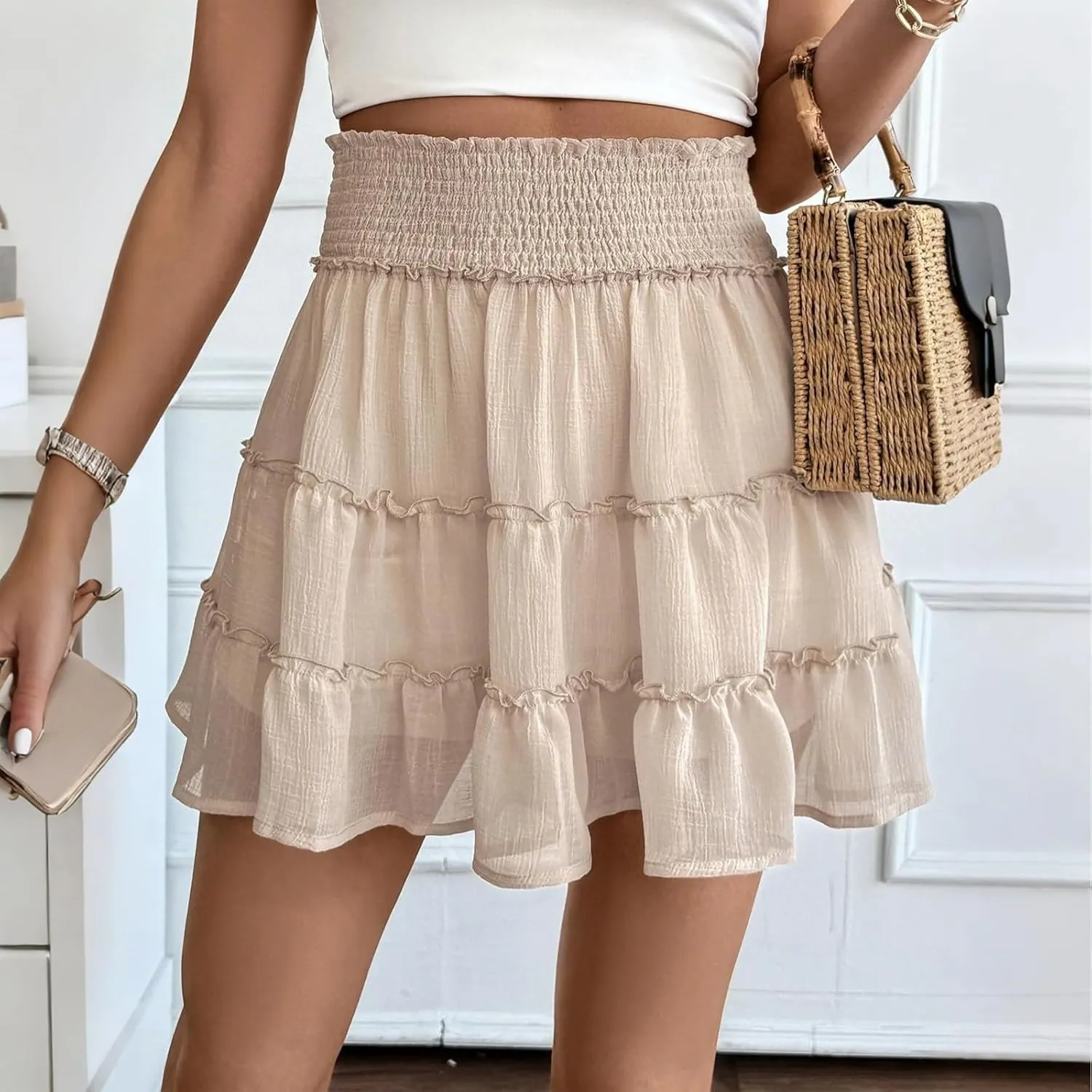 Women's High Waisted Flowy Skorts Boho Ruffle Skirts Pleated Tennis Beach Vacation Short Casual A Line Summer Tiered Skirt