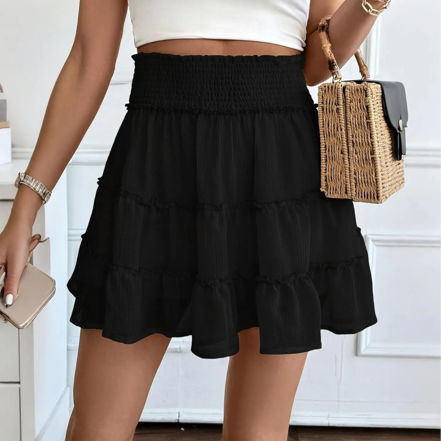 Women's High Waisted Flowy Skorts Boho Ruffle Skirts Pleated Tennis Beach Vacation Short Casual A Line Summer Tiered Skirt