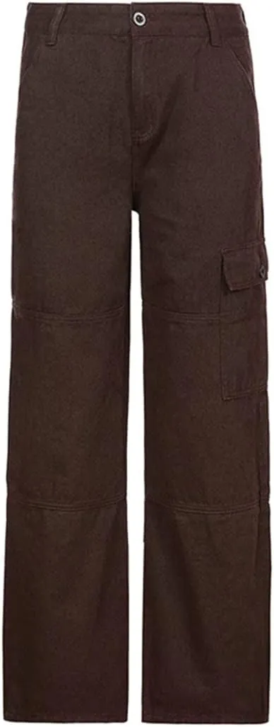 Women's High Waisted Relaxed Fit Cargo Jeans Straight Wide Leg Y2K Baggy Denim Pants with Pockets