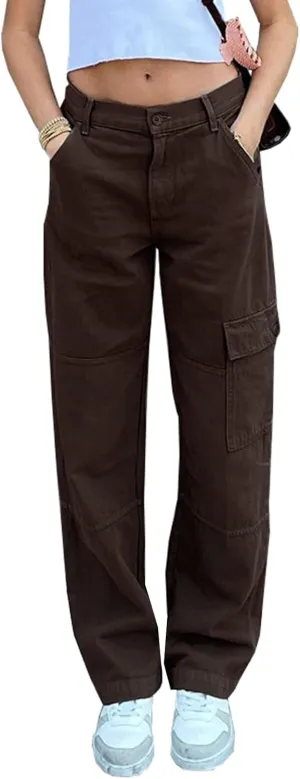 Women's High Waisted Relaxed Fit Cargo Jeans Straight Wide Leg Y2K Baggy Denim Pants with Pockets