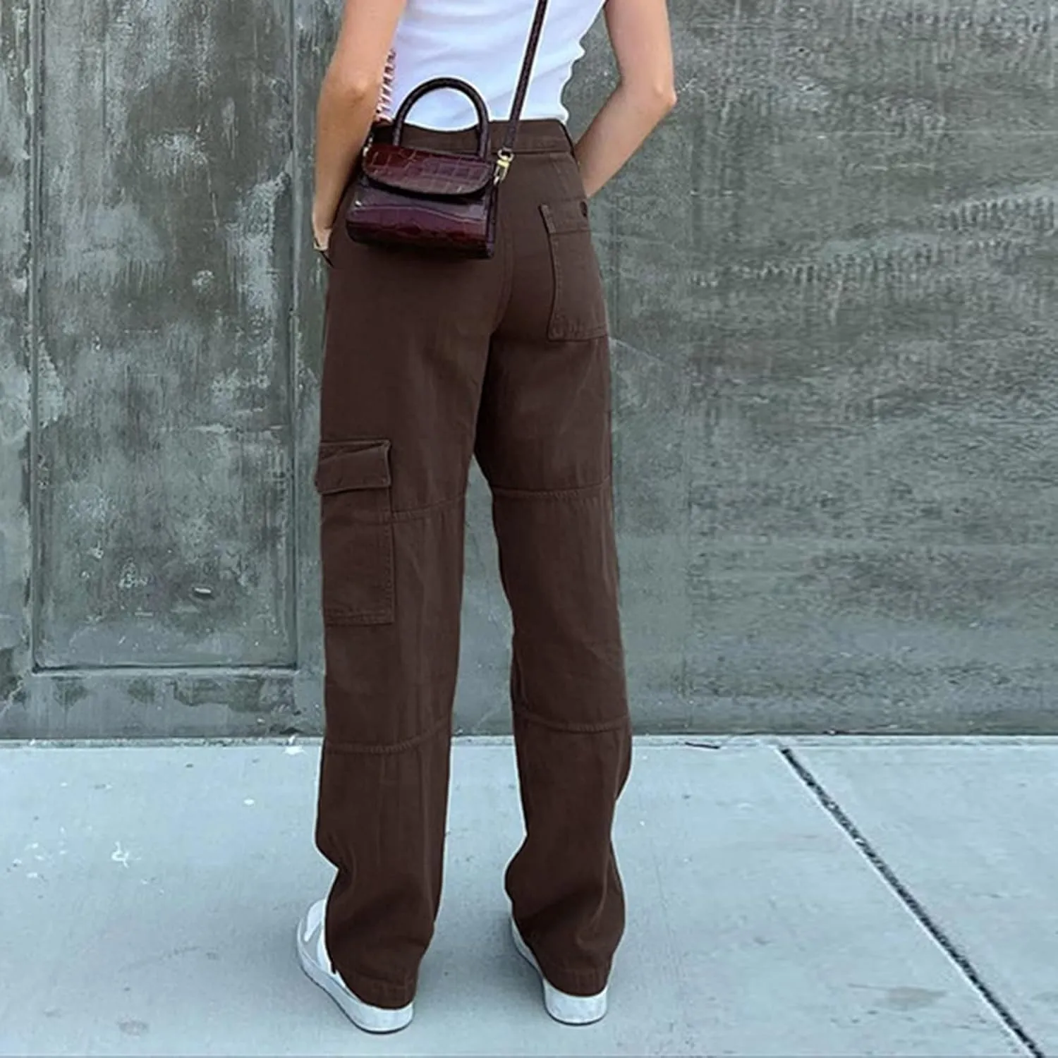 Women's High Waisted Relaxed Fit Cargo Jeans Straight Wide Leg Y2K Baggy Denim Pants with Pockets
