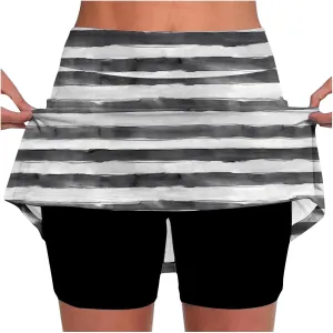 Women's High Waisted Tennis Skirts Striped Color Block Athletic Golf Skorts with Built in Shorts Workout Skirt