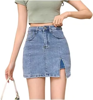 Women's Jean Skorts,High Waisted Casual Side Split Skort Denim,Stretchy Mini A-Line Skirts with Shorts Underneath,4 Pocket