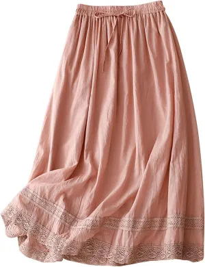 Women's Lace Cotton Linen Skirt Waist A Line Beach Flowy Long Skirts Comfy Summer Vacation Outfits 2025