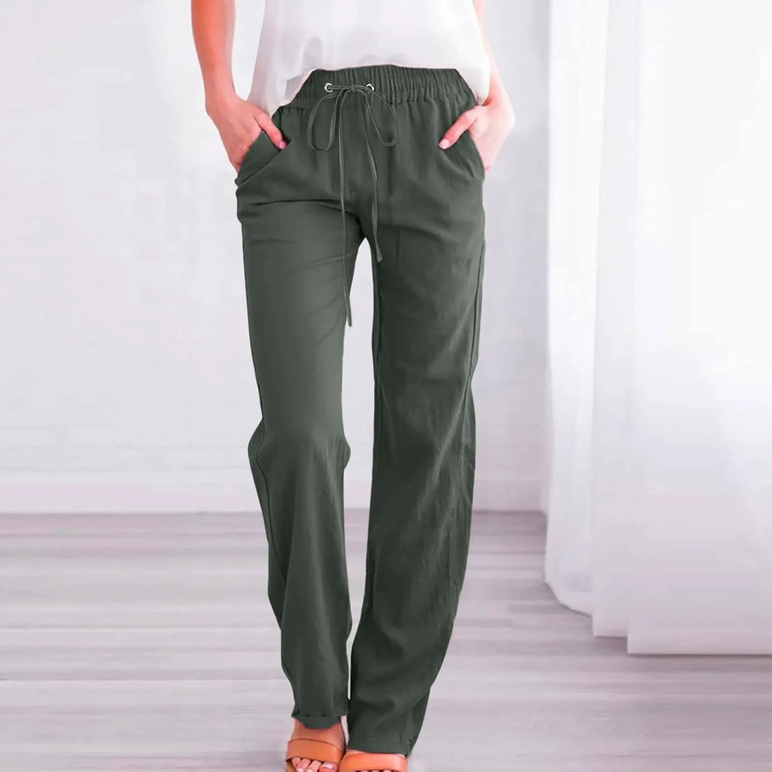 Women's Linen Blend Summer Lightweigt Pant Trousers Elastic Waisted Bootcut Loose Fit Palazzo Lounge Pants Beach