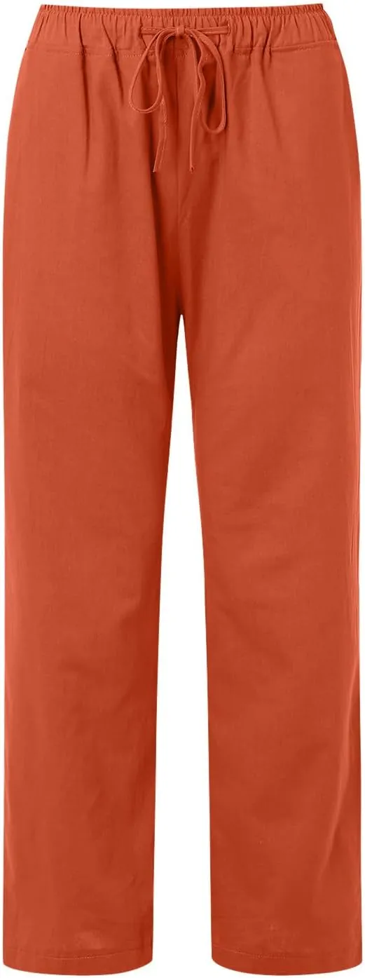 Women's Linen Blend Summer Lightweigt Pant Trousers Elastic Waisted Bootcut Loose Fit Palazzo Lounge Pants Beach