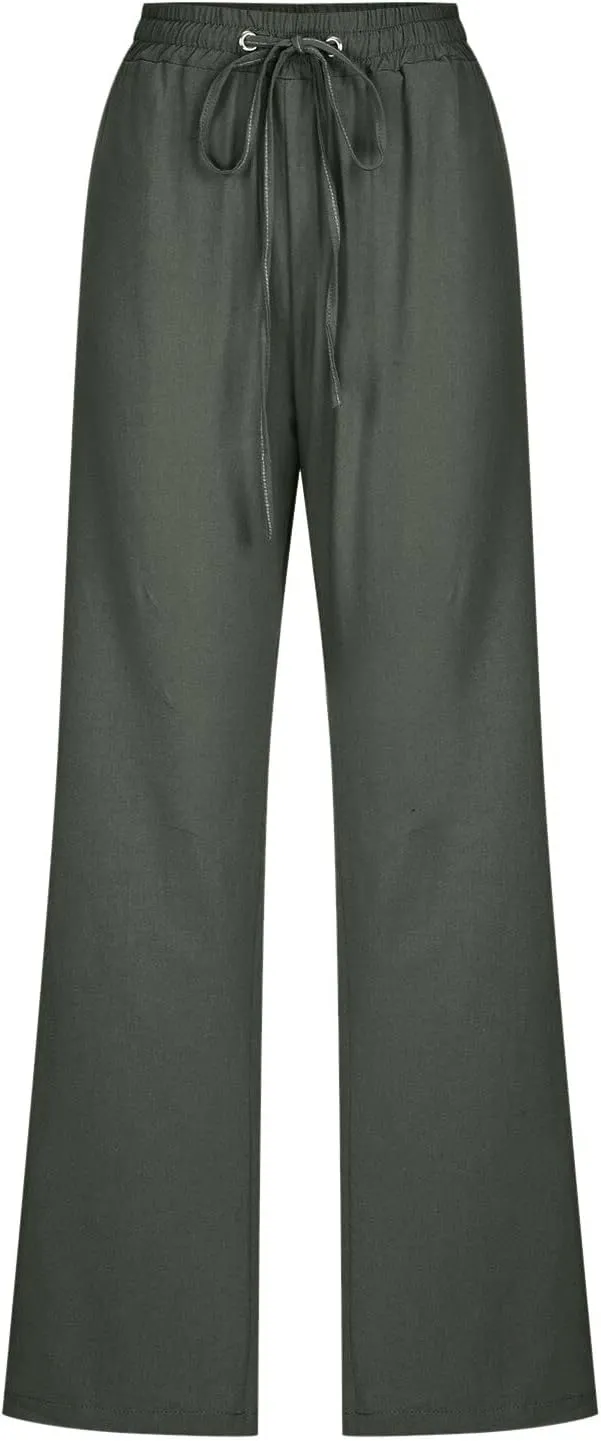 Women's Linen Blend Summer Lightweigt Pant Trousers Elastic Waisted Bootcut Loose Fit Palazzo Lounge Pants Beach