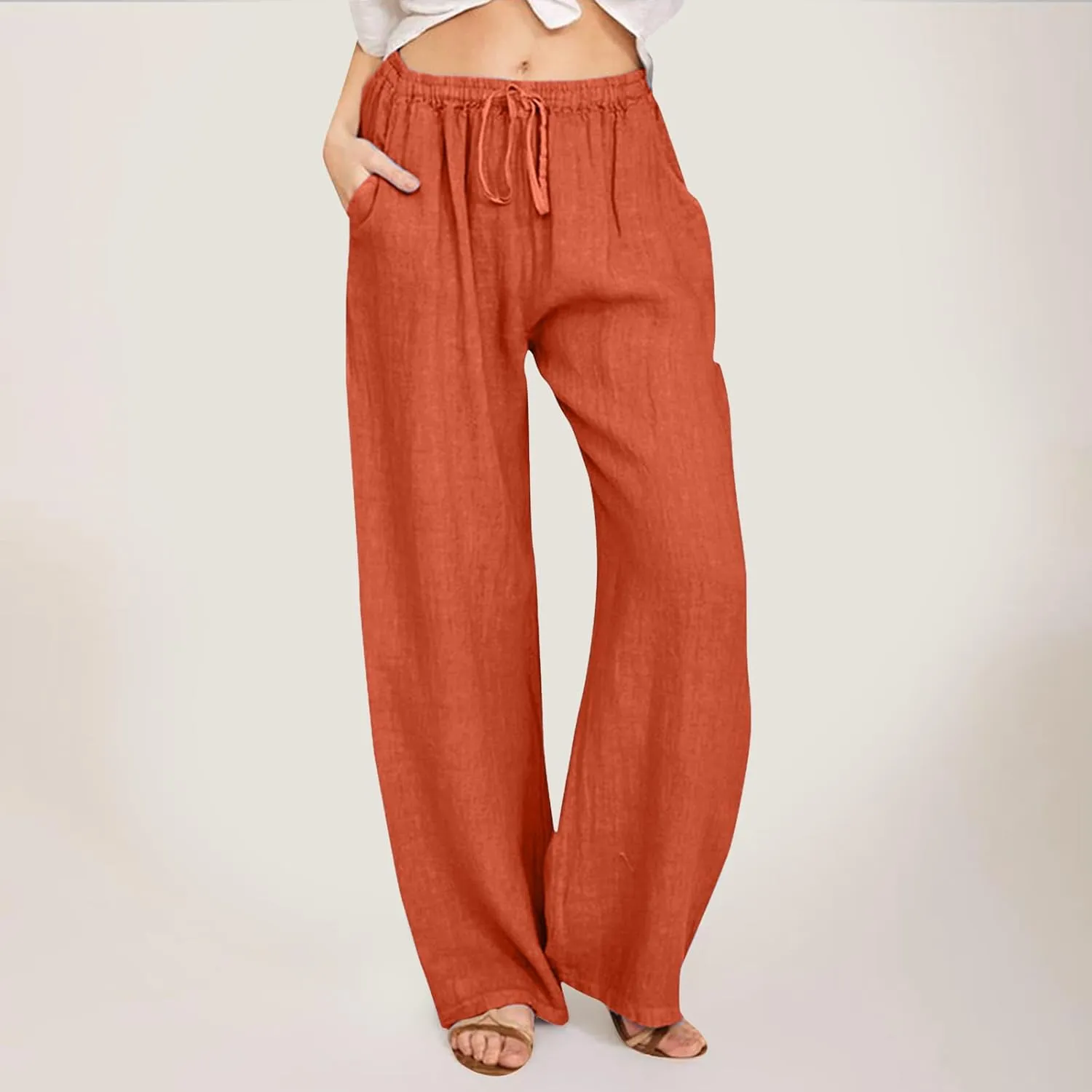 Women's Linen Blend Summer Lightweigt Pant Trousers Elastic Waisted Bootcut Loose Fit Palazzo Lounge Pants Beach