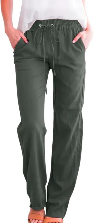 Women's Linen Blend Summer Lightweigt Pant Trousers Elastic Waisted Bootcut Loose Fit Palazzo Lounge Pants Beach