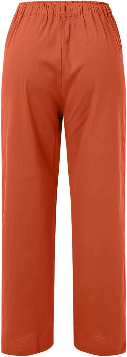 Women's Linen Blend Summer Lightweigt Pant Trousers Elastic Waisted Bootcut Loose Fit Palazzo Lounge Pants Beach