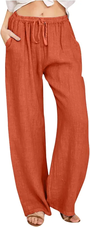 Women's Linen Blend Summer Lightweigt Pant Trousers Elastic Waisted Bootcut Loose Fit Palazzo Lounge Pants Beach
