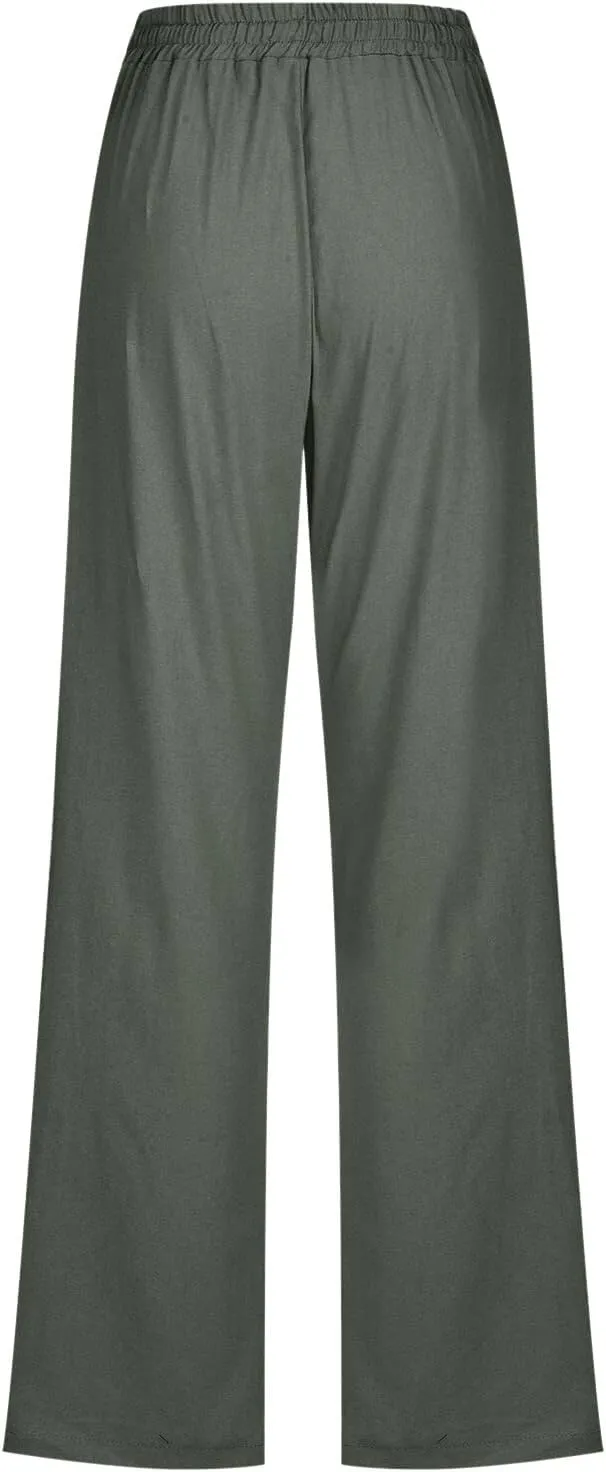 Women's Linen Blend Summer Lightweigt Pant Trousers Elastic Waisted Bootcut Loose Fit Palazzo Lounge Pants Beach