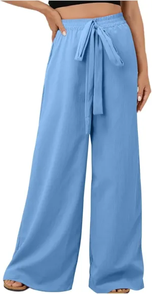 Womens Linen Summer Drawstring Palazzo Lounge Pants Low Waist Lounge Pants Loose Fit Palazzo Lounge Pants Vacation
