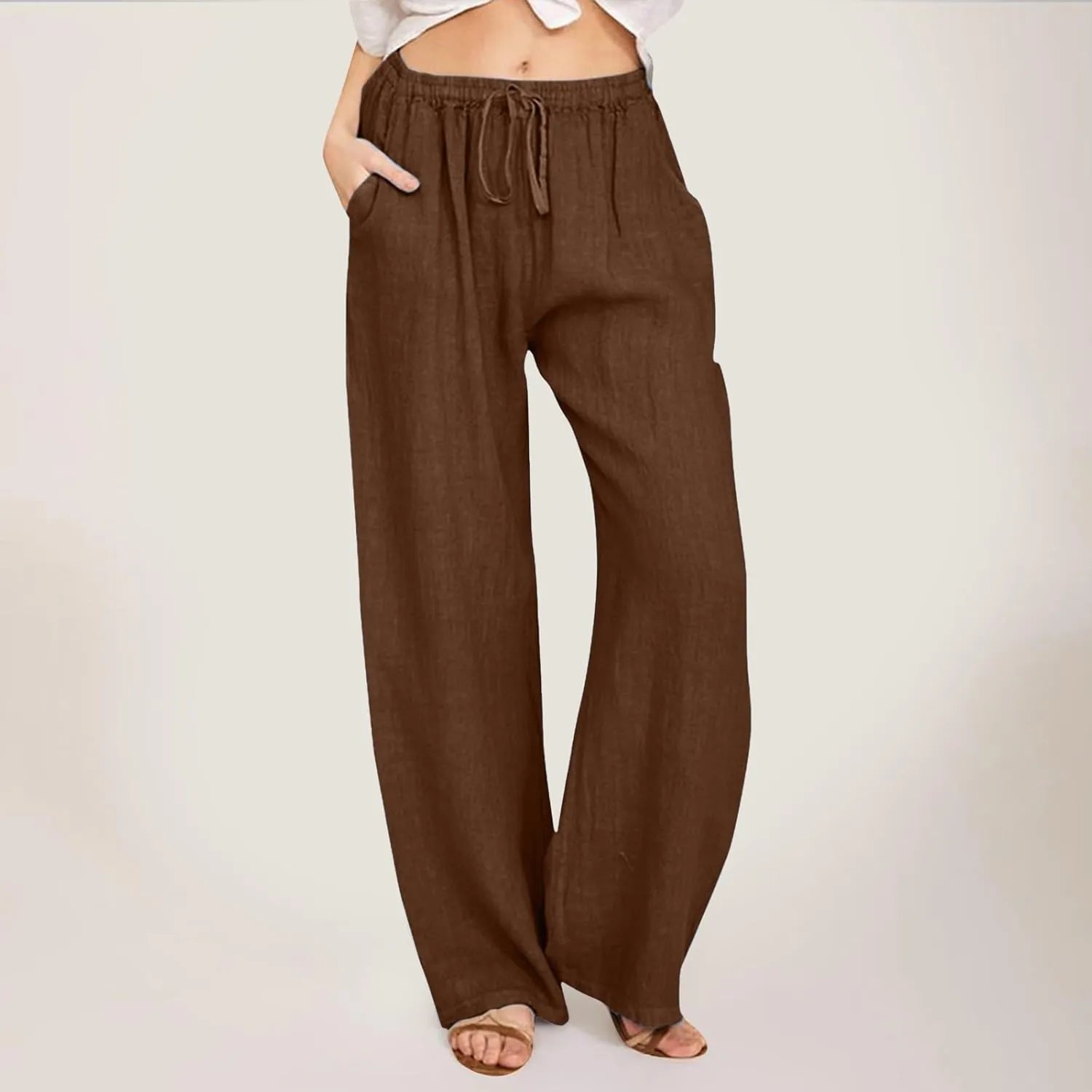 Womens Linen Summer Solid Palazzo Lounge Pants Low Waist Stretchy Loose Fit Trousers Work Business