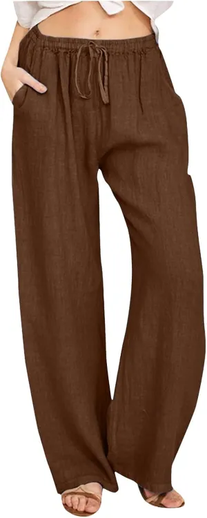 Womens Linen Summer Solid Palazzo Lounge Pants Low Waist Stretchy Loose Fit Trousers Work Business