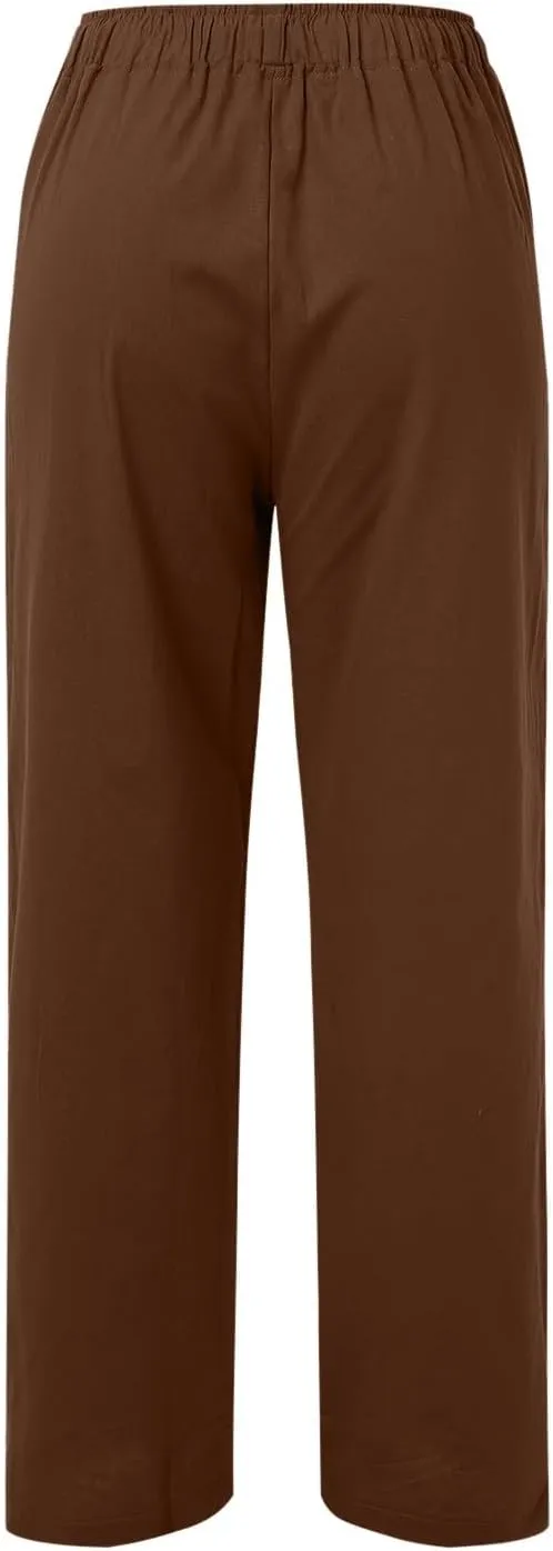Womens Linen Summer Solid Palazzo Lounge Pants Low Waist Stretchy Loose Fit Trousers Work Business