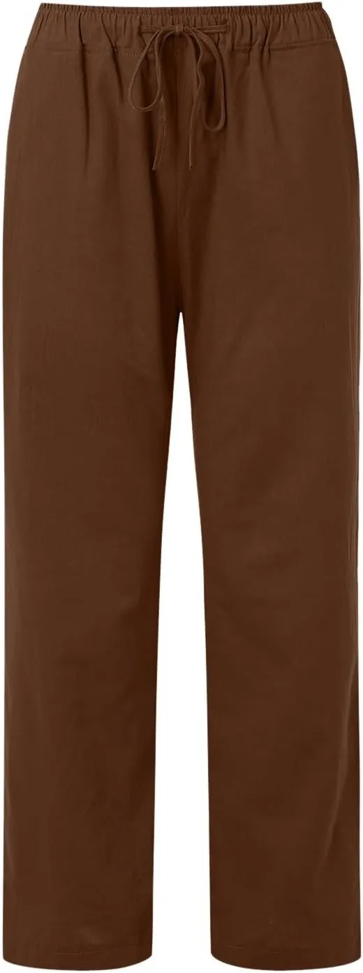 Womens Linen Summer Solid Palazzo Lounge Pants Low Waist Stretchy Loose Fit Trousers Work Business