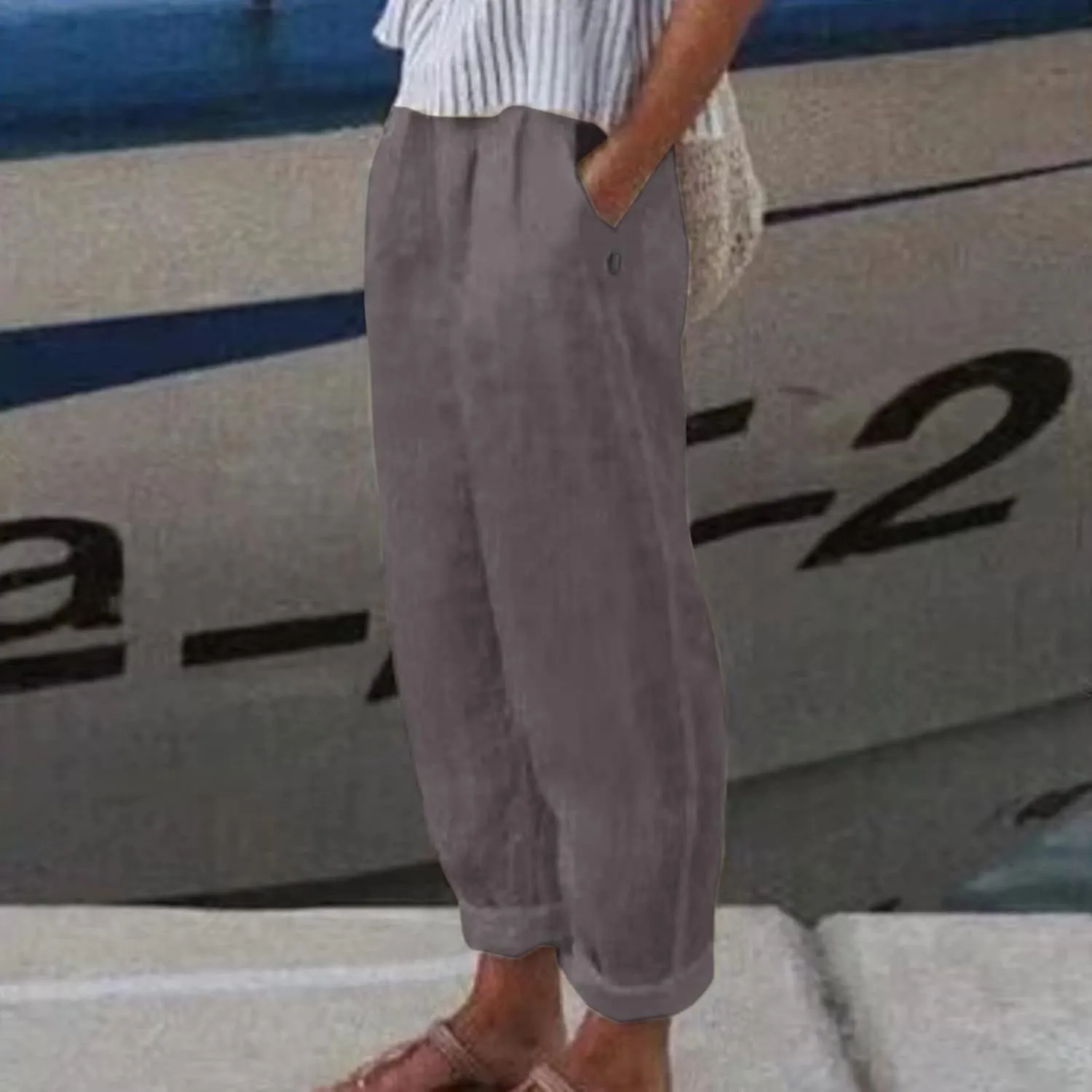 Womens Linen Summer Solid Pant Trousers High Waist Bootcut Loose Fit Pants Business Work