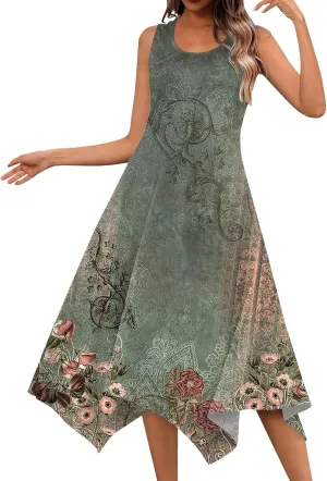 Women's Long Dresses Boho Sleeveless Dresses Summer Casual Loose Round Neck Swing Retro Print Irregular Dress