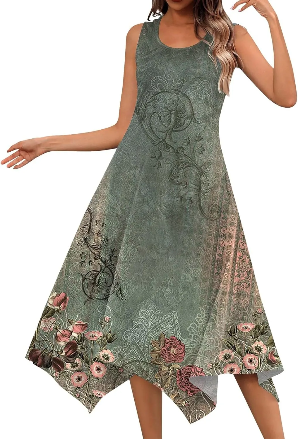 Women's Long Dresses Boho Sleeveless Dresses Summer Casual Loose Round Neck Swing Retro Print Irregular Dress
