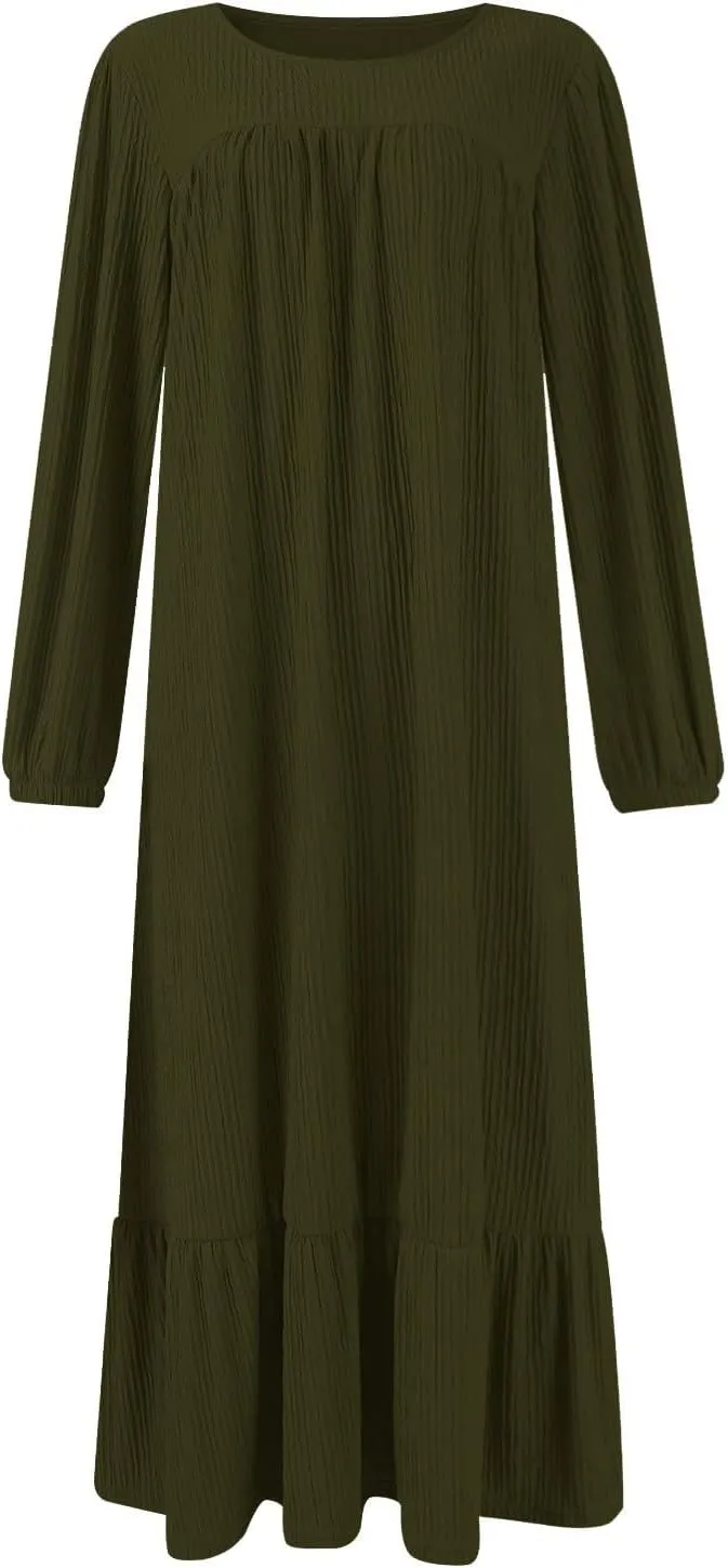 Women's Long Sleeve Dresses Fall Casual Retro Vintage Maxi Dress Elegant Round Neck Wedding Guest Long Dresses