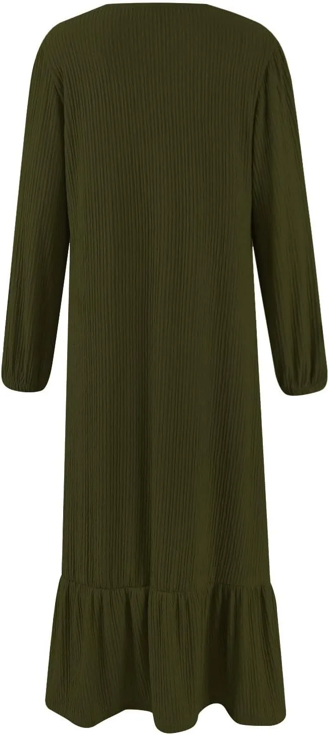 Women's Long Sleeve Dresses Fall Casual Retro Vintage Maxi Dress Elegant Round Neck Wedding Guest Long Dresses