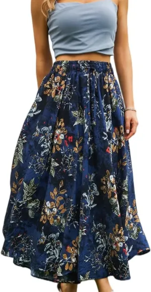 Womens Maxi Floral Skirt Flowy High Waist Elastic Long Skirts Casual Beach Trendy Flowy Skirt with Pockets