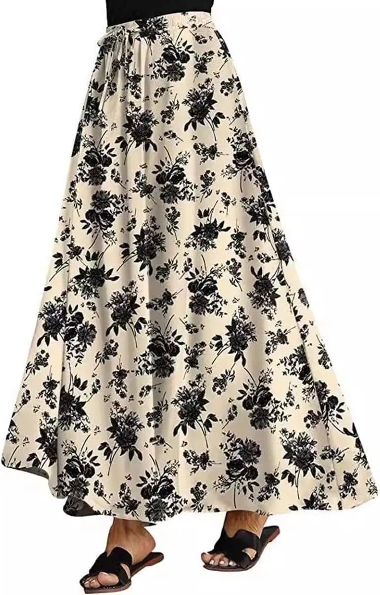 Womens Maxi Floral Skirt Flowy High Waist Elastic Long Skirts Casual Beach Trendy Flowy Skirt with Pockets