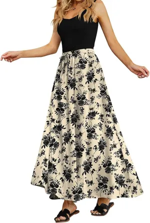Womens Maxi Floral Skirt Flowy High Waist Elastic Long Skirts Casual Beach Trendy Flowy Skirt with Pockets