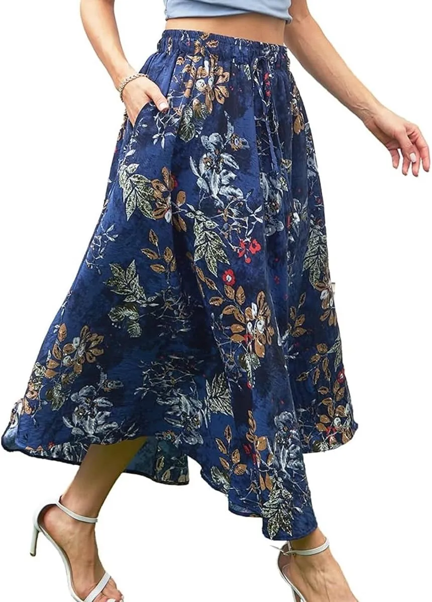 Womens Maxi Floral Skirt Flowy High Waist Elastic Long Skirts Casual Beach Trendy Flowy Skirt with Pockets