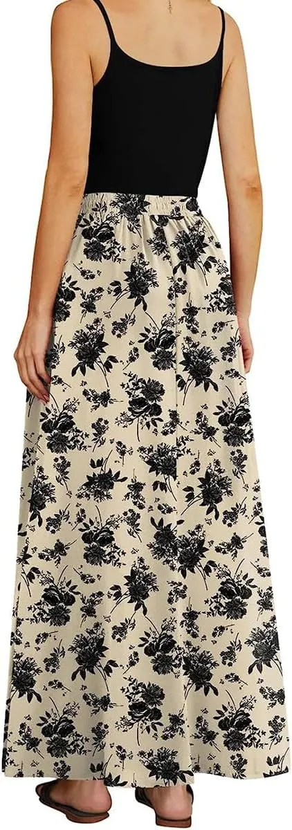 Womens Maxi Floral Skirt Flowy High Waist Elastic Long Skirts Casual Beach Trendy Flowy Skirt with Pockets