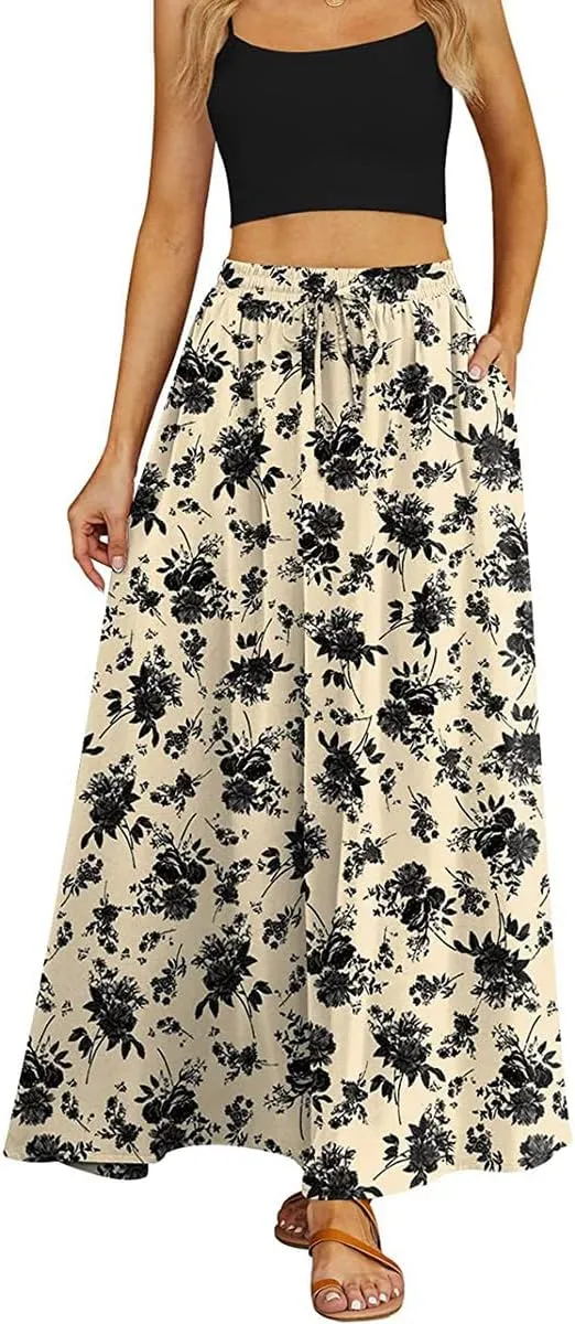 Womens Maxi Floral Skirt Flowy High Waist Elastic Long Skirts Casual Beach Trendy Flowy Skirt with Pockets