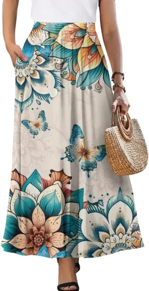 Women's Maxi Skirt High Waisted Stretch Flowy Swing Long Skirts with Pockets Floral Skirt for Casual Festival S-2XL