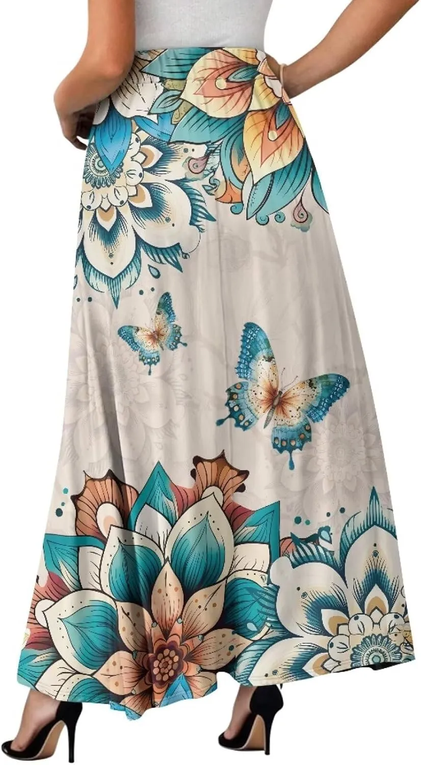 Women's Maxi Skirt High Waisted Stretch Flowy Swing Long Skirts with Pockets Floral Skirt for Casual Festival S-2XL