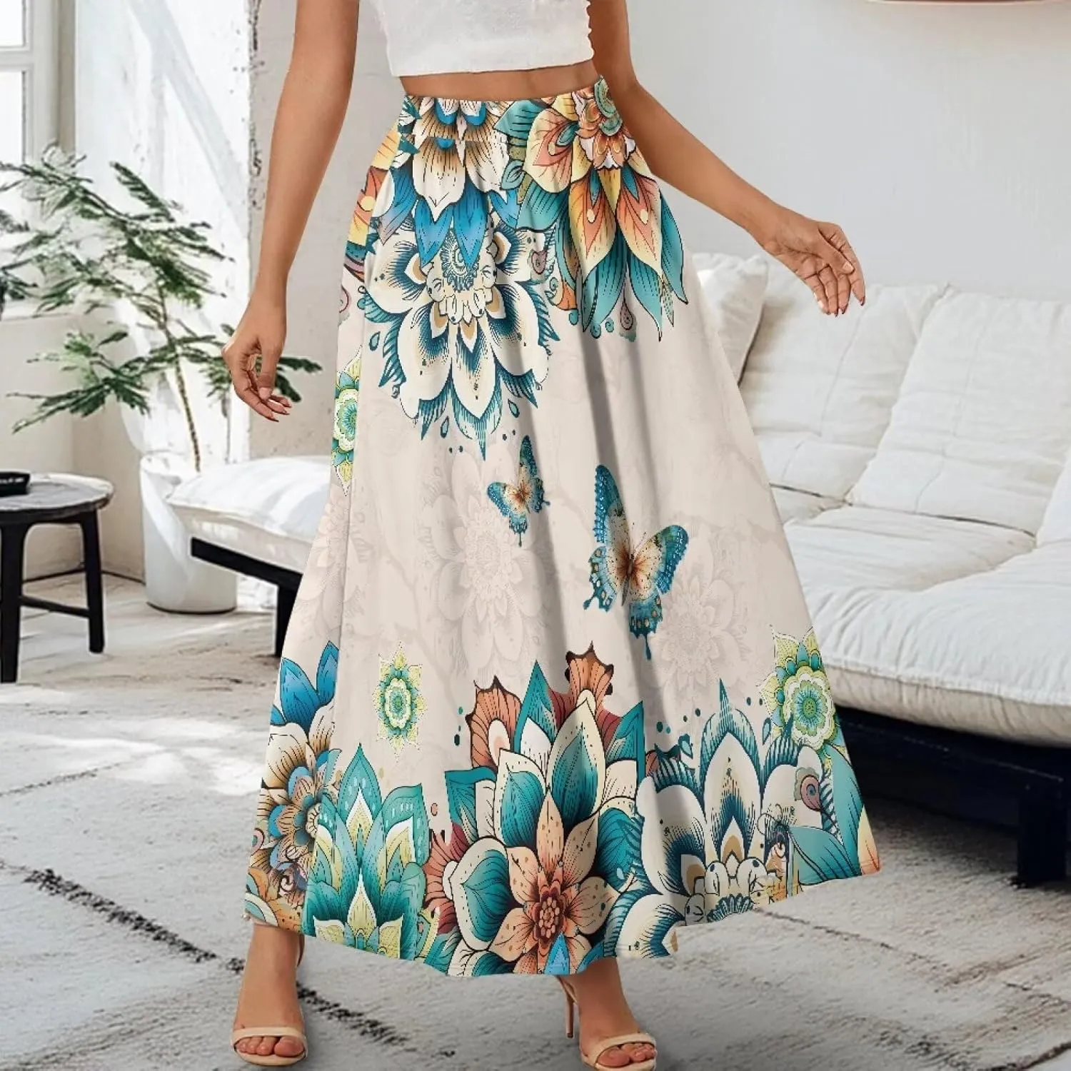 Women's Maxi Skirt High Waisted Stretch Flowy Swing Long Skirts with Pockets Floral Skirt for Casual Festival S-2XL