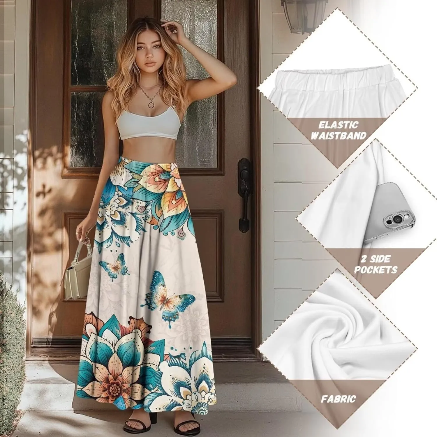 Women's Maxi Skirt High Waisted Stretch Flowy Swing Long Skirts with Pockets Floral Skirt for Casual Festival S-2XL