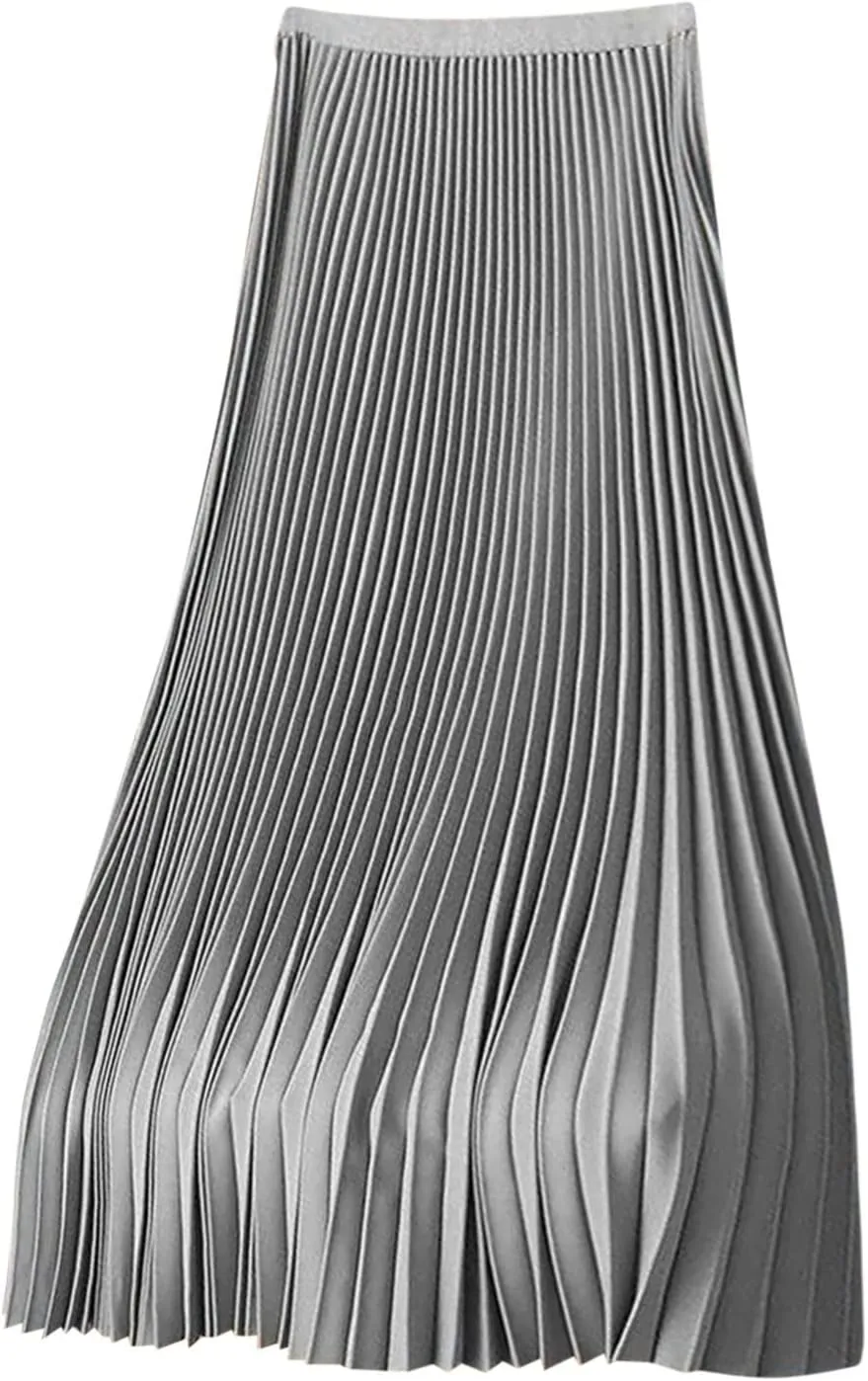 Womens Pleated Midi Skirts Elastic High Waist A-Line Ankle Length Skirt Ladies Elegant Evening Party Skirts